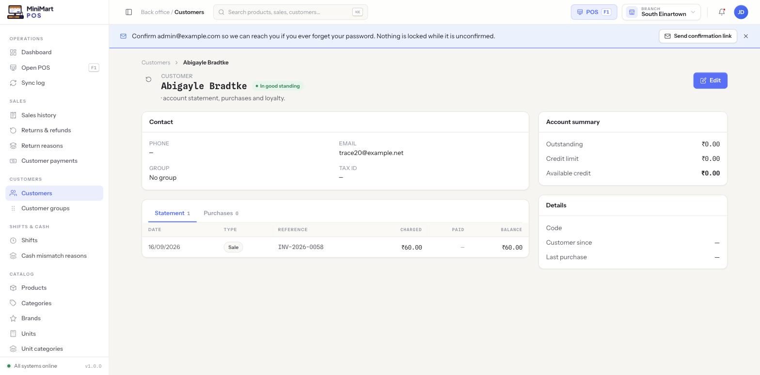 Customer detail page showing the Statement tab with date, type, reference, charged, paid and balance columns, plus an Account summary card and a Details card
