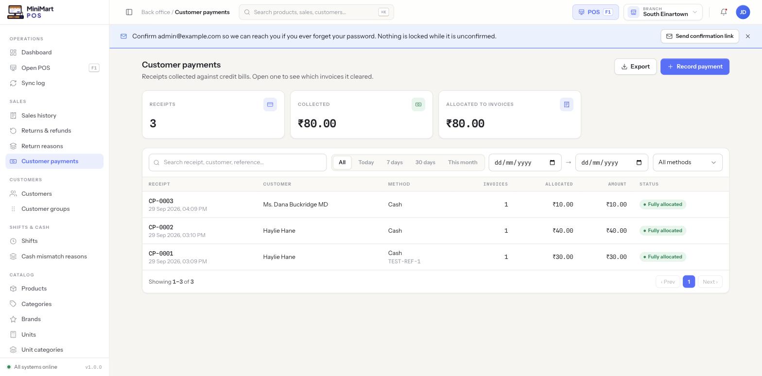 The Customer payments list, showing stat cards for receipts/collected total/allocated, filters, and a table of receipts with method, invoice count, allocated amount and status