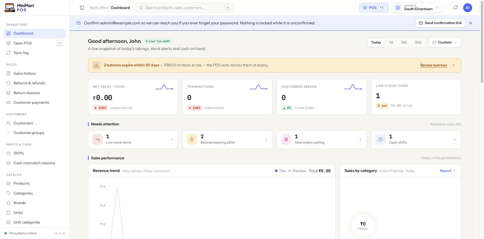 The MiniMart Dashboard, whose Sales performance panel summarises the same sales that Sales history lists in full invoice-by-invoice detail