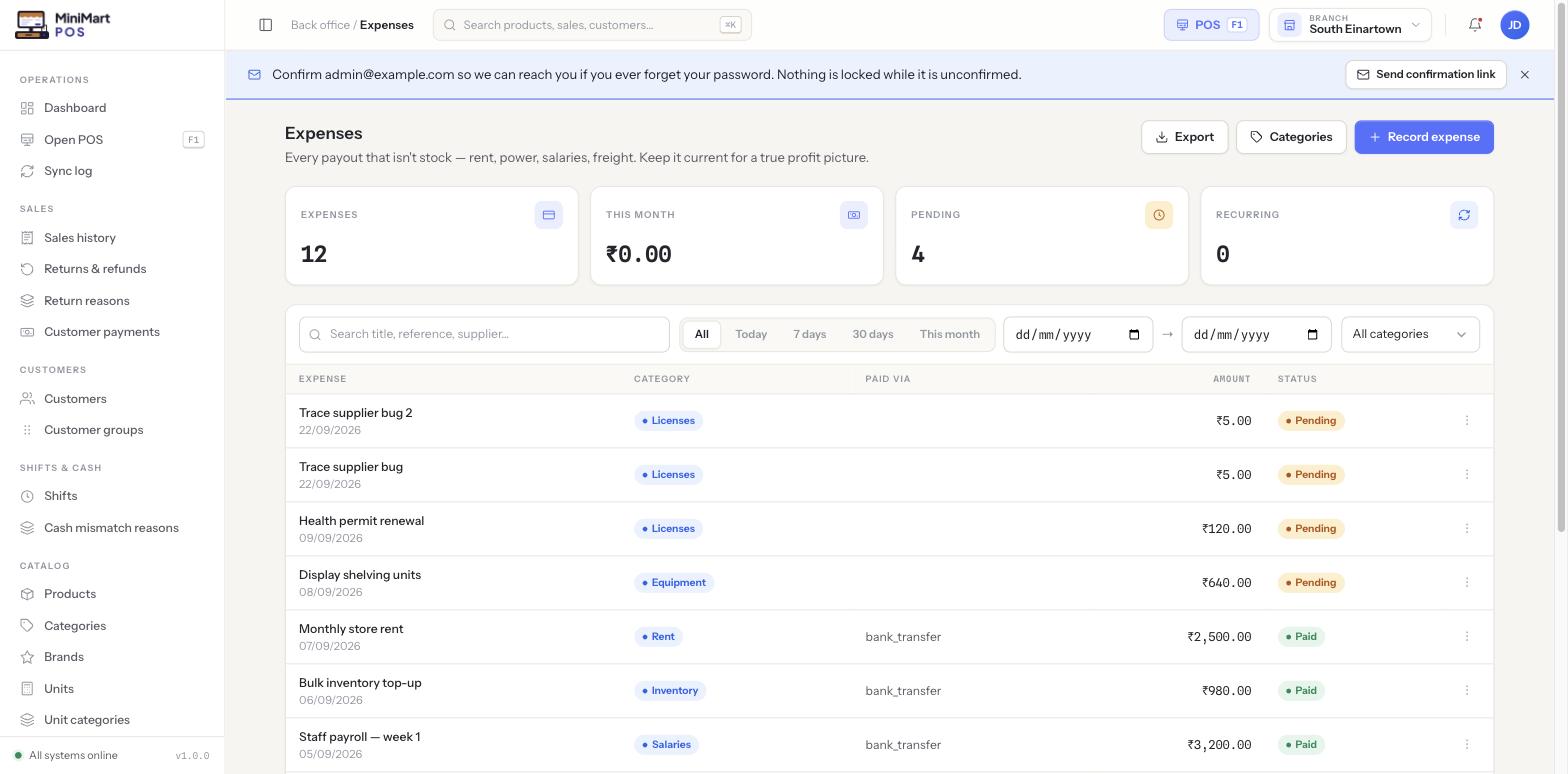 Expenses list with stat cards for expense count, this month's total, pending count and recurring count, plus a filterable table of expense title, category, paid via, amount and status