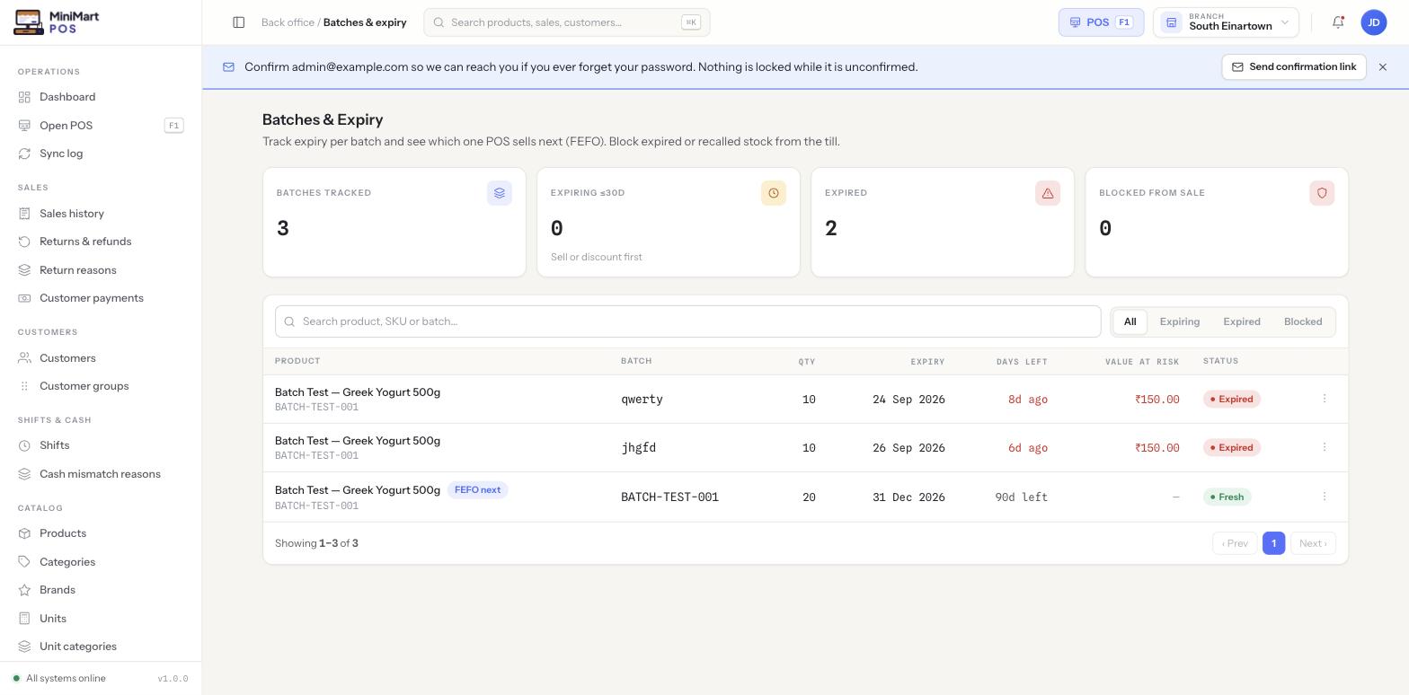 Batches & Expiry page listing batch codes, quantities, expiry dates, days left and status, with one row tagged FEFO next