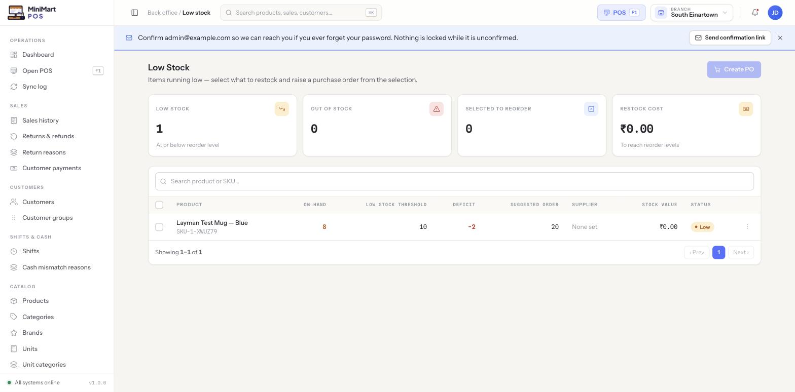 Low Stock page with a checkbox-selectable table of under-threshold items and a Create PO button