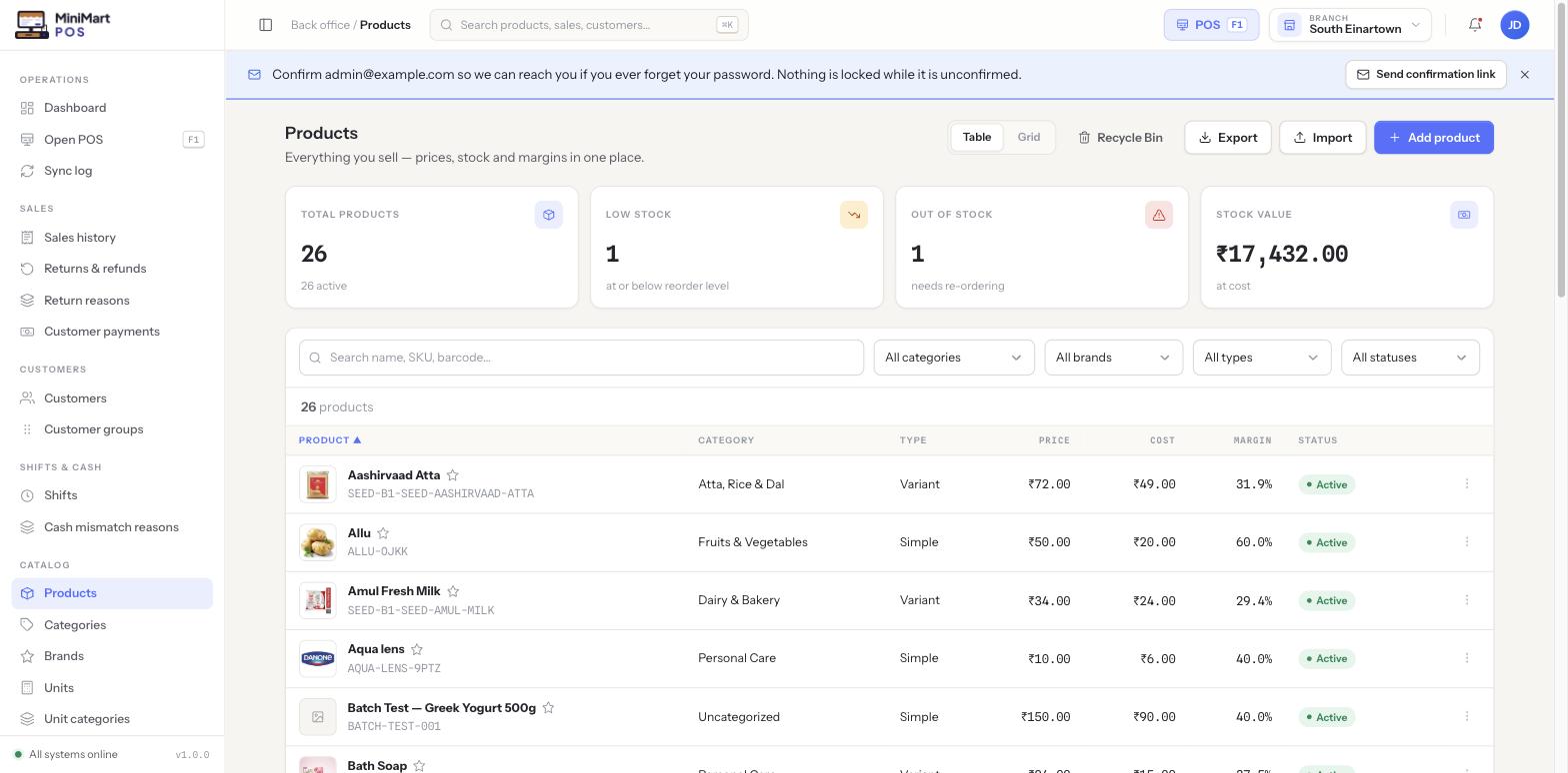 Products list with stat cards for total products, low stock, out of stock and stock value, filters for category/brand/type/status, and a table of product, category, type, price, cost, margin and status