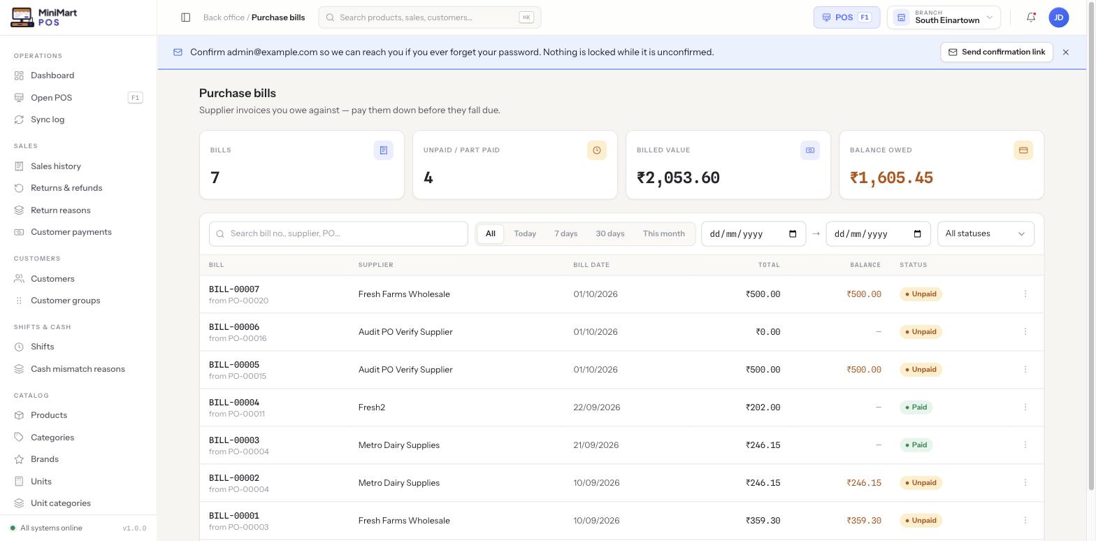 Purchase bills list with stat cards for bills count, unpaid or part-paid count, billed value and balance owed, and a table of bills with status