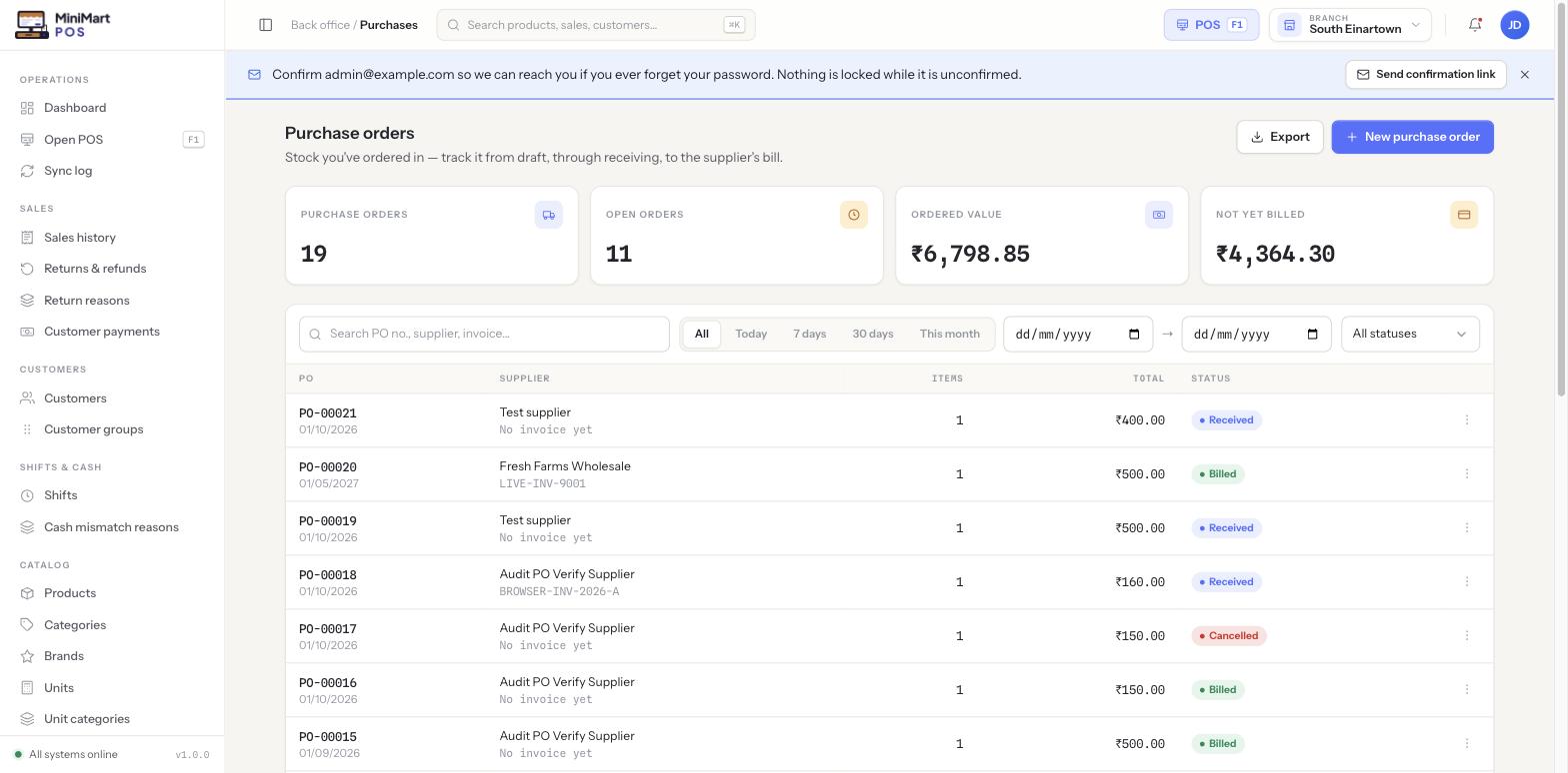 Purchase orders list with stat cards for orders count, open orders, ordered value and not-yet-billed value, and a status-filterable table