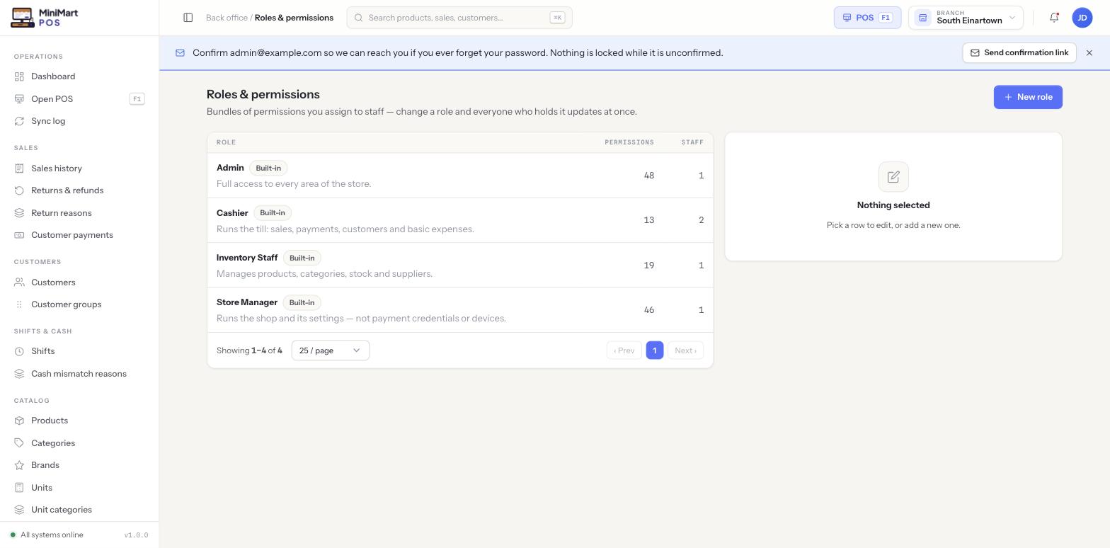 Roles and permissions page listing the four built-in roles with their descriptions, permission counts and staff counts, and a New role button