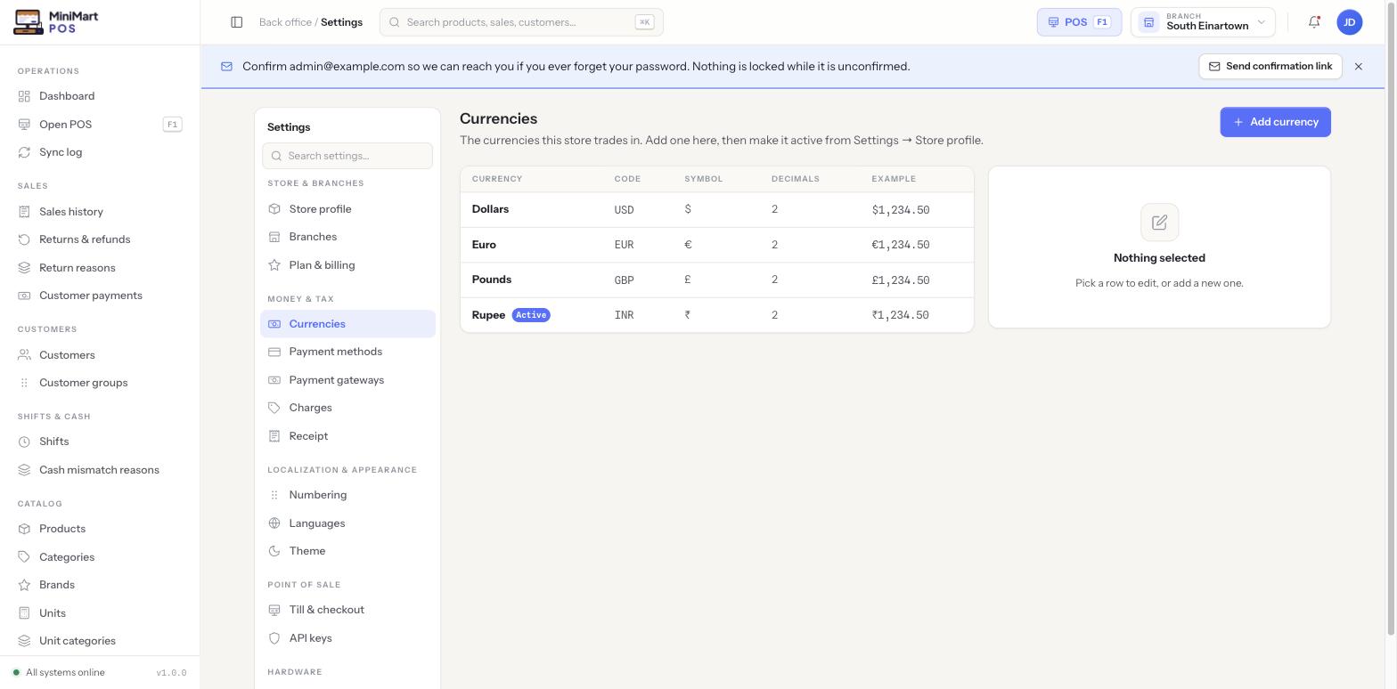 Currencies page listing Dollars, Euro, Pounds and Rupee with code, symbol, decimals and an example formatted amount; Rupee tagged Active; an Add currency button