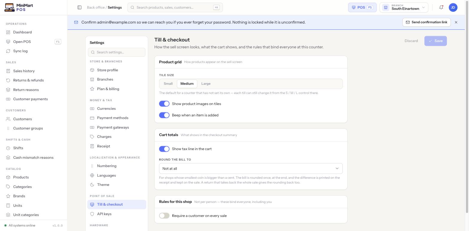 Till and checkout settings page with a Product grid card (tile size Small/Medium/Large, show product images toggle, beep when an item is added toggle) and a Cart totals card (show tax line toggle, round the bill to dropdown)