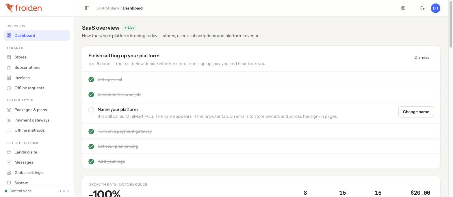 The SaaS overview dashboard, titled SaaS overview with a green Live pill, showing a Finish setting up your platform checklist and a Growth rate stat row for October 2026.