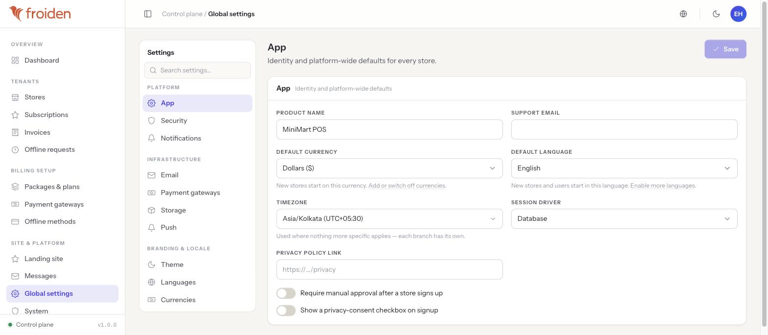 Global settings showing a left rail grouped Platform, Infrastructure, Branding & locale, and the App screen with product name, support email, default currency/language, timezone, session driver, privacy policy link and two toggles.