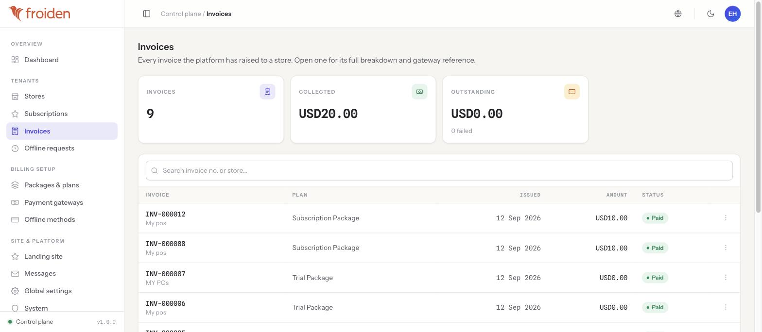 The Invoices list showing stat cards for invoice count, collected total and outstanding with a failed count, and a table of invoice number, store, plan, issued date, amount and a Paid status pill.