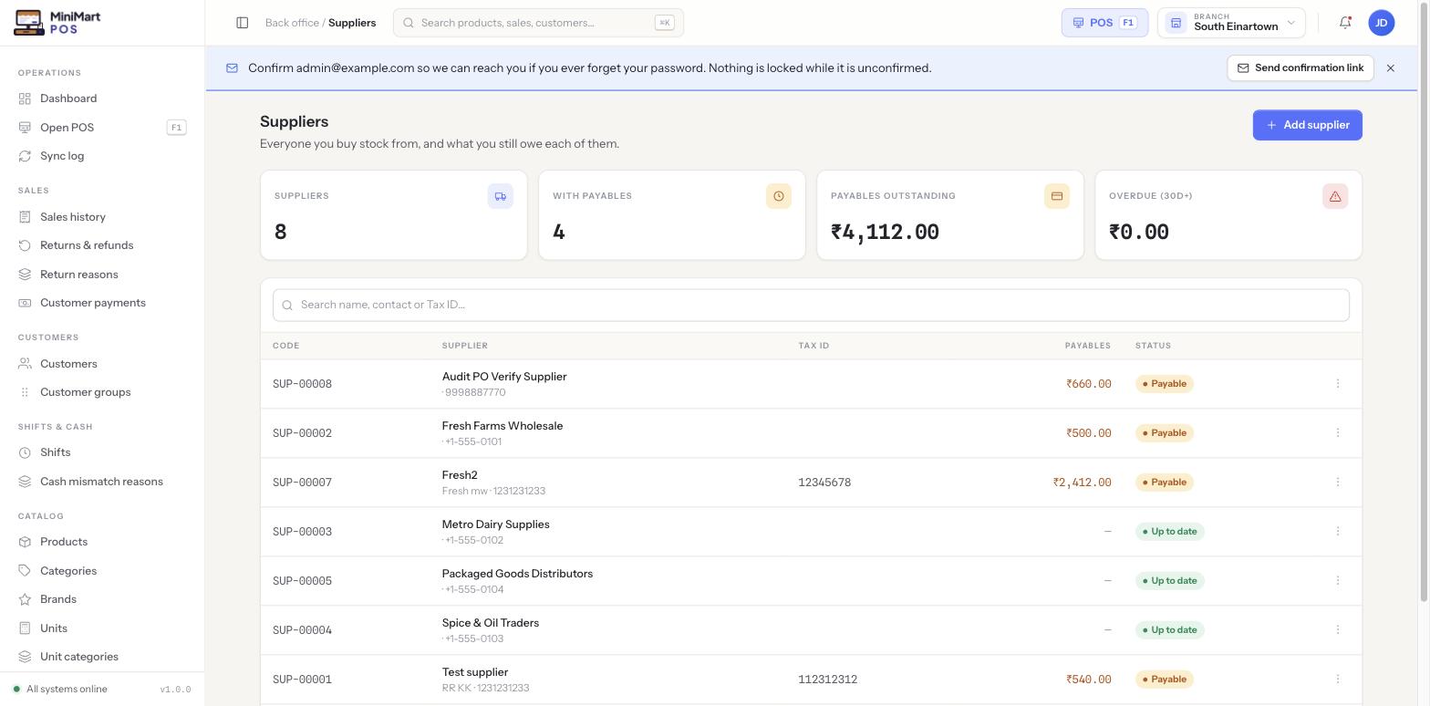 Suppliers list with stat cards for supplier count, with-payables count, payables outstanding and overdue 30d+, and a table of suppliers with status