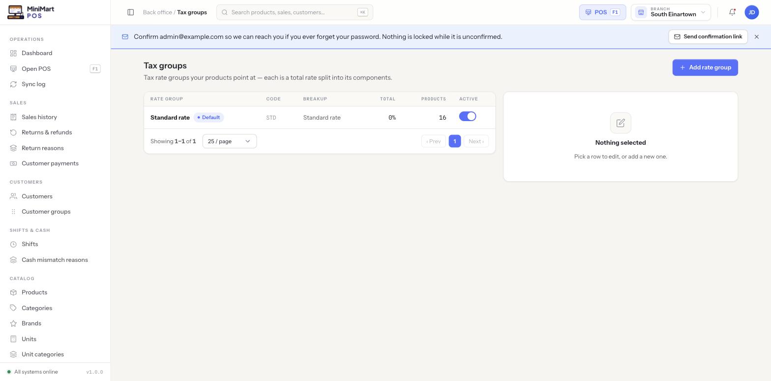 Tax groups page with an Add rate group button and a table of rate group name (Standard rate, tagged Default), code, breakup, total rate, products count and an active toggle