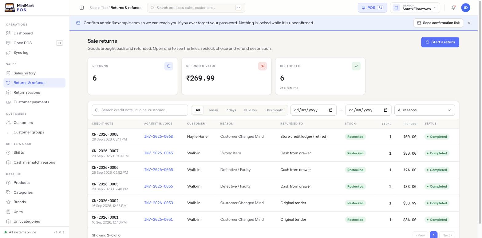 Returns & refunds screen in MiniMart POS